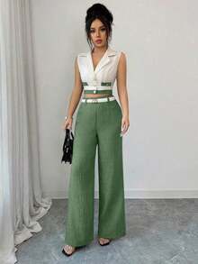 Conjunto de blazer corto sin mangas de color contrastante y pantalones rectos elegantes de estilo de oficina para mujer, atuendo profesional de oficina, vestimenta de maestra, ropa para ir y venir y uso casual - Verde - Ver 3