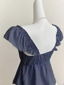 Top corto de camisola con escote bajo y espalda descubierta, con manga tipo gorra y volantes en azul, diseño sexy - Azul marino - Ver 5