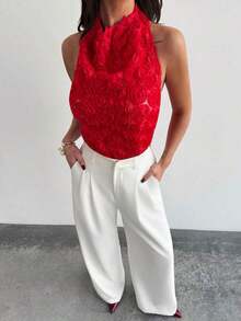 negra ajustada de estilo casual y elegante para la temporada de primavera/verano, con cuello asimétrico, sin mangas, escote halter, espalda descubierta y decoración de lazo - Burdeos - Ver 7