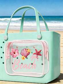 New "Beach" Print Waterproof PVC Beach Bag, Decorated With Seashells And Starfish, Beach Accessories, Toiletry Bag, Travel Accessories, Suitable For Decorative Items, Suitable For Travel And Outings, Durable Waterproof And Wear-Resistant, Easy To Clean, Suitable For Bogg Bags, Transparent Bogg Cosmetic Bag With Phone Holder, Internal Compartment Storage Space, Suitable For Travel Cosmetic Bag - Multicolor - View 2