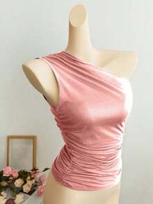 Blusa corta de un hombro con pliegues color albaricoque, minimalista, casual, elegante y versátil para uso diario de mujer, primavera/verano - Rosa Pálido - Ver 3