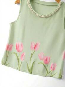Blusa de tirantes elegante con estampado floral y cuello de perlas brillantes para mujer, adecuada para citas, salidas casuales, ir al trabajo, tomar el té por la tarde, Día de la Madre, Día del Maestro - Verde - Ver 5