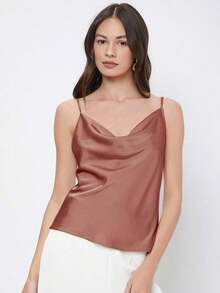 Top de satén sin mangas para mujer, elegante y romántica de unicolor, para uso casual y de negocios, adecuada para oficina, diario, otoño - Albaricoque 2 - Ver 3
