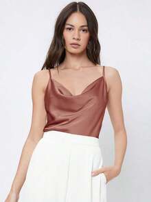 Top de satén sin mangas para mujer, elegante y romántica de unicolor, para uso casual y de negocios, adecuada para oficina, diario, otoño - Albaricoque 2 - Ver 8