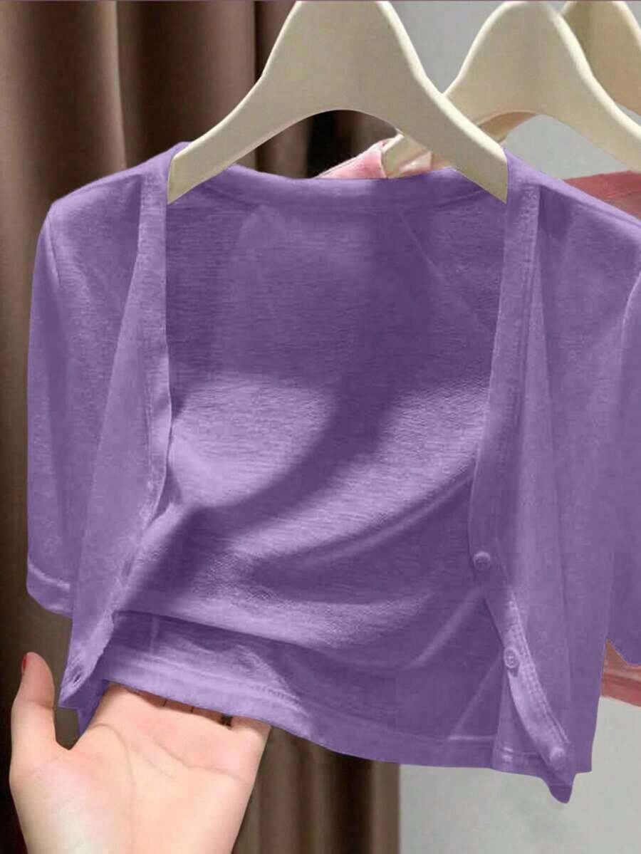 Cárdigan corto de manga corta y delgado para mujer para salir y de vacaciones - Morado - Ver 1