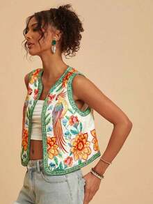 Chaleco ligero de mujer con bordado floral y de loro, chaleco bohemio, chaleco floral, estilo casual de mujer, atuendo para salir, atuendos elegantes, estilo campestre para mujer, atuendos casuales, chaleco elegante - Verde - Ver 6