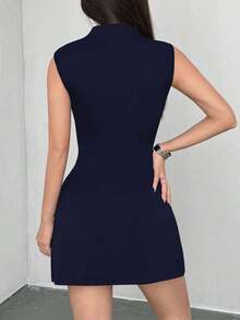 Vestido casual de mujer de un solo color, de corte delgado y sin mangas, primavera - Azul marino - Ver 2
