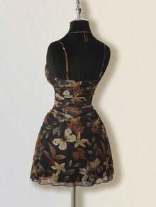 Vestido mini plisado con estampado de hoja de arce vintage para mujer, adecuado para vacaciones de verano y ropa de vuelta al colegio - Multicolor - Ver 8