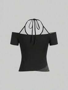 Camiseta de mujer casual de cuello en V retro, con atar, de manga corta y contraste de color, adecuada para el verano - Multicolor 3 - Ver 4