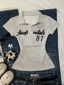 Camiseta casual de mujer con estampado de letras, verano - Gris - Ver 7