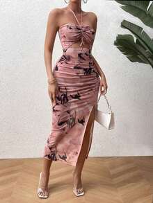 Vestido largo de mujer con cuello de halter, plisado y estampado de malla - Albaricoque - Ver 6