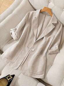 Chaqueta delgada de traje casual con bolsillo en la solapa y dobladillo de manga para mujer - Albaricoque - Ver 7
