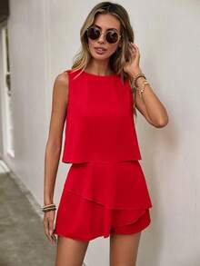 2 piezas de camiseta sin mangas y shorts de falda con diseño asimétrico y multicapa, ideal para uso casual, ir al trabajo o de vacaciones - Rojo - Ver 3
