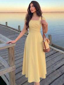 Vestido elegante de manga raglán y cuello cuadrado con detalle cruzado en el busto, de unicolor para mujeres - Amarillo - Ver 6