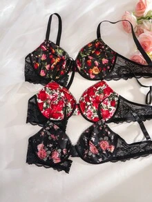 3件装女士印花蕾丝拼接钢圈舒适大码文胸 - 彩色 - 查看 1