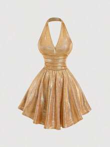 Vestido de fiesta elegante de mujer con estampado de cerezas, escote halter, espalda descubierta y cintura fruncida - Dorado - Ver 4