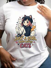 Summer Top - A Must-Have For Cat Girls - Featuring A Beautiful Anime-Style Girl Surrounded By Cute Feline Companions And A Catchy Slogan - A Breathable And Comfortable Top, Perfect As A Gift For A Best Friend And A Must-Have For Spring, Summer, And Fall. Women's Clothing, Short-Sleeved Top. 180g 100% Cotton - 白色的 - 查看 1