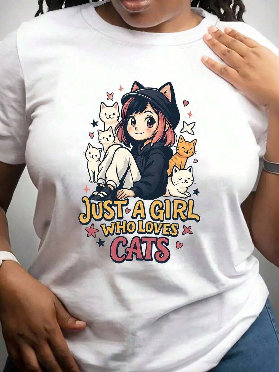 Summer Top - A Must-Have For Cat Girls - Featuring A Beautiful Anime-Style Girl Surrounded By Cute Feline Companions And A Catchy Slogan - A Breathable And Comfortable Top, Perfect As A Gift For A Best Friend And A Must-Have For Spring, Summer, And Fall. Women's Clothing, Short-Sleeved Top. 180g 100% Cotton - 白色的 - 查看 1