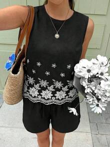 Set de 2 piezas de top sin mangas y shorts para mujer, de moda para el verano - Negro - Ver 6