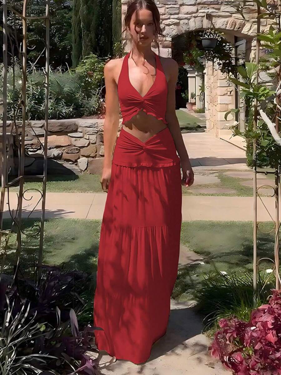 Conjunto de dos piezas: top sin mangas con escote en V y cuello halter de moda y falda larga con volante - Rojo - Ver 1