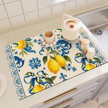 1pc Dish Drying Mat, Coffee Machine Pad, Yellow Lemon & Blue Baroque Leaf Pattern Absorbent Draining Mat, Suitable For Dining Table, Cafe, Multi-Purpose Drainage Pad, Home Gift, Tabletop Decor - XYLSD-351 - View 6