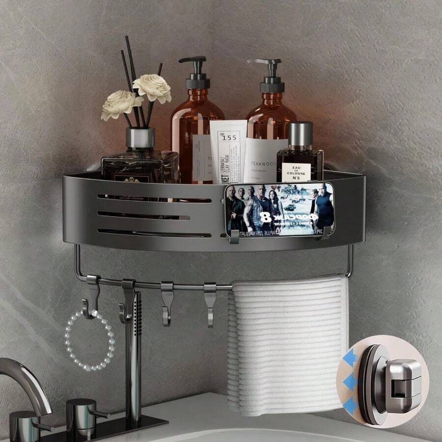 Corner Shower Caddy Suction Cup, 1 Pack Corner Shower Shelves No Drilling, Aluminum Upgrade Suction Cup Shower Organizer Corner With Towel Bar Hooks Removable Bathroom Storage Rack(Gray) - Suction Cup Triangle-1 Pack - View 1