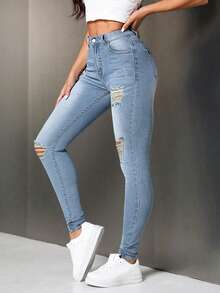ALO FASHION Jeans ajustados de talle alto y rotos para mujer, estilo casual de otoño. Vaqueros largos de mezclilla con tejido elástico para un look diario. - azul real - Ver 3