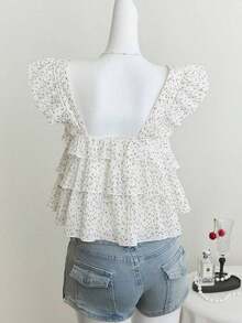 Blusa de mujer con patrón de cuadros arrugados, lunares negros, diseño suelto de mangas con volantes - Blanco - Ver 2