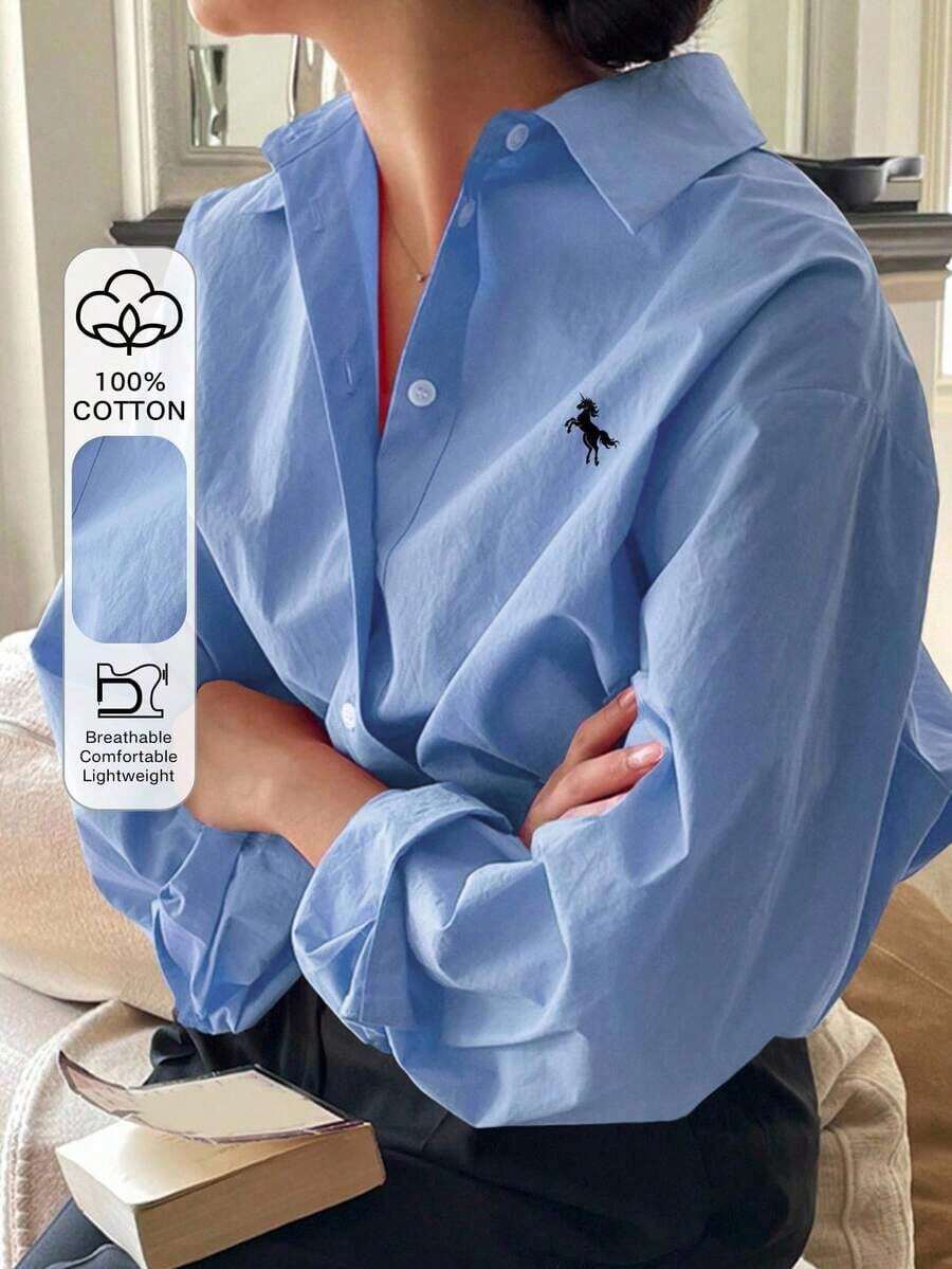 Camisa holgada de mujer de unicolor, de manga larga y de abotonadura sencilla - Azul - Ver 1