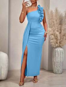 AIJ Vestido elegante de corte asimétrico con hombro descubierto, diseño fruncido y volantes, sin mangas, para mujer, unicolor, para fiestas, citas, fiestas de solteros, cenas formales o eventos de gala en otoño e invierno 2024 - Azul cielo - Ver 8