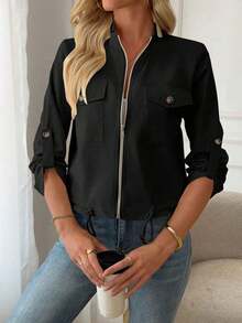 Chaqueta bomber ligera para mujer con cuello alto - Chaqueta de vuelo con cremallera con bolsillos delanteros decorativos y dobladillo ajustable con cordón, una prenda exterior ideal para el estilo casual de calle en primavera y otoño.Rojo - Negro - Ver 5