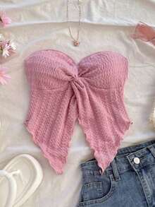 Top cómodo de gasa con abertura frontal, textura de tela, sin tirantes, ideal para uso casual y romántico en vacaciones, para tomar el té por la tarde dentro o fuera, de vuelta a la escuela - Rosa - Ver 4