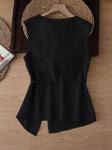 Nuevo diseño asimétrico de verano, cuello acampanado, dobladillo dividido de color caqui claro de nicho, cintura con lazo, chaleco sin mangas para mujer, top de tirantes de verano para mujer, elegante para vacaciones y días de descanso. - Negro - Ver 2