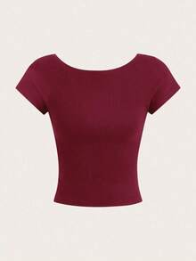 Camiseta casual de mujer de cuello de pico, manga corta y ajustada, versátil - Burdeos - Ver 5