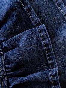 Falda de mezclilla de moda para mujer con diseño de cintura con botones y dobladillo con doble volante - Azul lavado oscuro - Ver 3