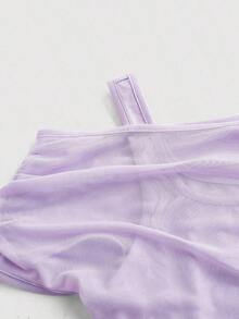 Top de chaleco de unicolor cubierto por una manga abullonada de malla color albaricoque para mujer - Lila Púrpura - Ver 3