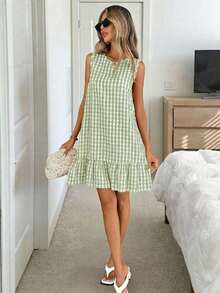 Vestido de verano estilo bohemio con cuello redondo sin mangas y corte evasé a dos colores a cuadros, vestido esencial para vacaciones y uso diario al aire libre - Multicolor 3 - Ver 4