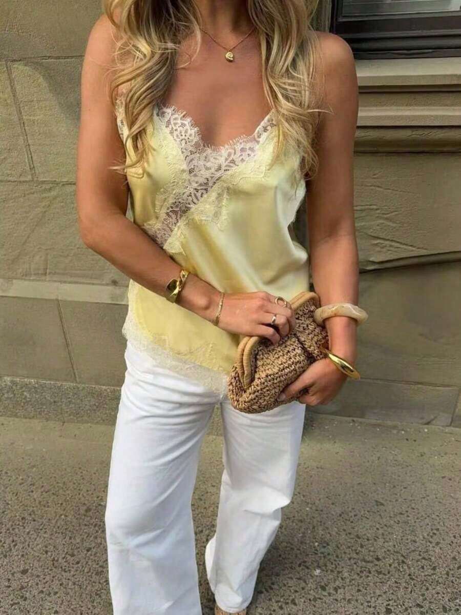 Seelio Nuevo Top de estilo lencería sexy con decoración de encaje, estilo europeo y americano, para mujer, color negro, para verano - Amarillo 2 - Ver 1