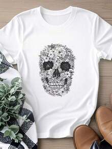 Camiseta de mujer con estampado de calavera hecha de flores, gótico, rock, motero, camiseta de aodón para hombre - Blanco - Ver 2