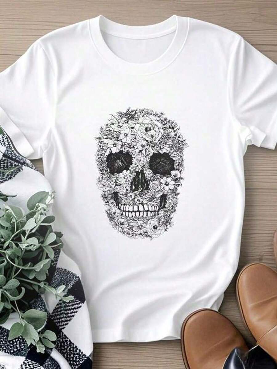 Camiseta de mujer con estampado de calavera hecha de flores, gótico, rock, motero, camiseta de aodón para hombre
