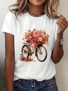 Camiseta casual de verano para mujer con estampado romántico de flores y bicicleta - Cuello redondo de manga corta, ligera y transpirable, perfectara atuendos de primavera y verano, camiseta casual | Camiseta con estampado floral | uste cómodo, camisetas para damas - Blanco - Ver 2