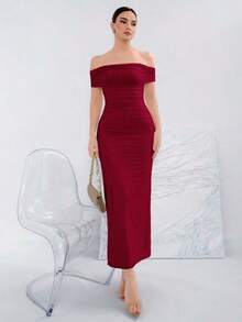 Vestido elegante de punto con hombros descubiertos de unicolor para banquetes - Burdeos - Ver 6