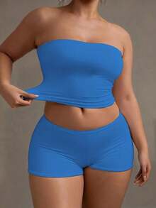 Camiseta sin tirantes sexy básica, top tubo ajustado de unicolor y elástico a la moda, adecuado para mujeres en todas las estaciones, casual negro de verano - Azul brillante - Ver 4