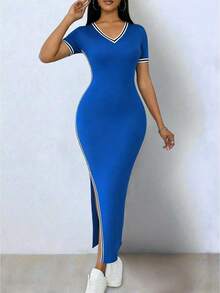 Vestido elegante de mujer de manga corta con cuello en V, de punto elástico de color negro con bloqueo de color, asimétrico con abertura en el bajo - Azul - Ver 4