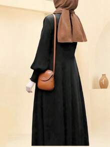 Casual Solid Color Long Zip Pocket Dress, Suitable For Daily And Holiday Wear Black Spring Fall - Black - View 8