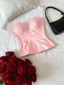 Top corto con corsé de cintura de espina de pescado, estilo sexy, tipo bandage, sin tirantes, para mujer, lindo para citas y fiestas, color negro, para verano - Rosa - Ver 4