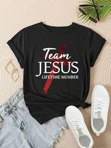 Women's Casual Short Sleeve T-Shirt - Red Cross Design "Team Jesus Lifetime Member", Crew Neck, Summer Top, Machine Washable, Ladies' T-Shirts, Casual Wear, Modern Style, Comfortable Fit

-White - 黑色 - 查看 2