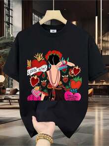 Soft 100% Cotton Men's T-Shirt - Short Sleeve, Crew Neck, Digital Print, Comfortable For All Seasons, Machine Washable, Ideal For Everyday Wear, Crew Neck, Circular Design, Casual Summer T-Shirt Muscle Freaks Frida Hearts Mexican Folk Art Style Pattern - 黑色 - 查看 7