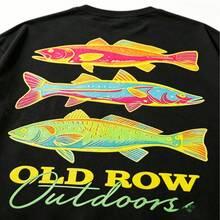 Men's Casual Summer Washed Cotton T-Shirt Old Row Outdoor Fish Print, Round Neck Short Sleeve Lightweight Knitted Fabric, Rib Details 100% Cotton - 純棉黑色 - 查看 3