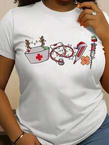 1 pieza de camiseta con estampado navideño, manga corta, cuello redondo, estilo casual, imprescindible para la moda femenina de primavera-verano, 100% algodón. - Blanco - Ver 1